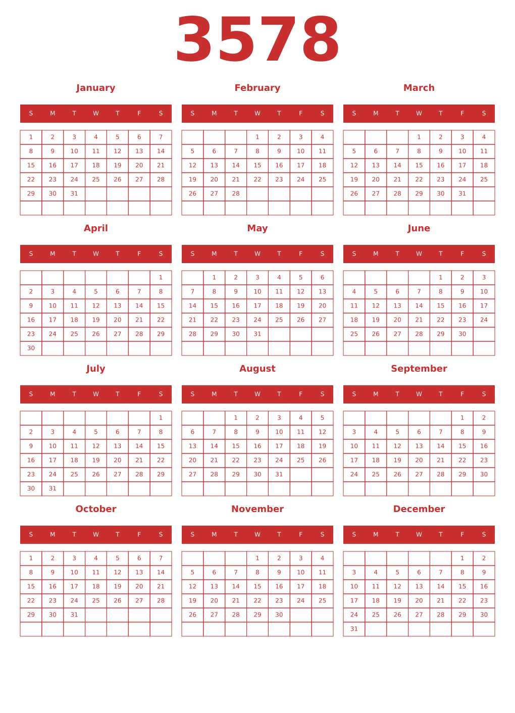 Printable 3578 Year Calendars red
