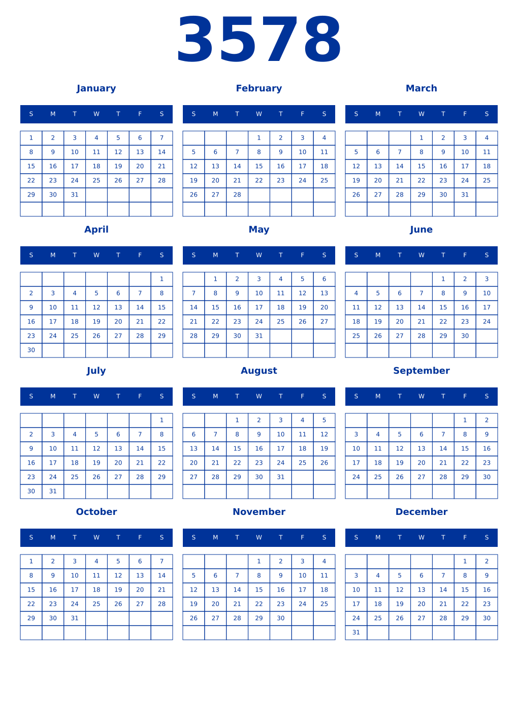 Printable 3578 Year Calendars smalt