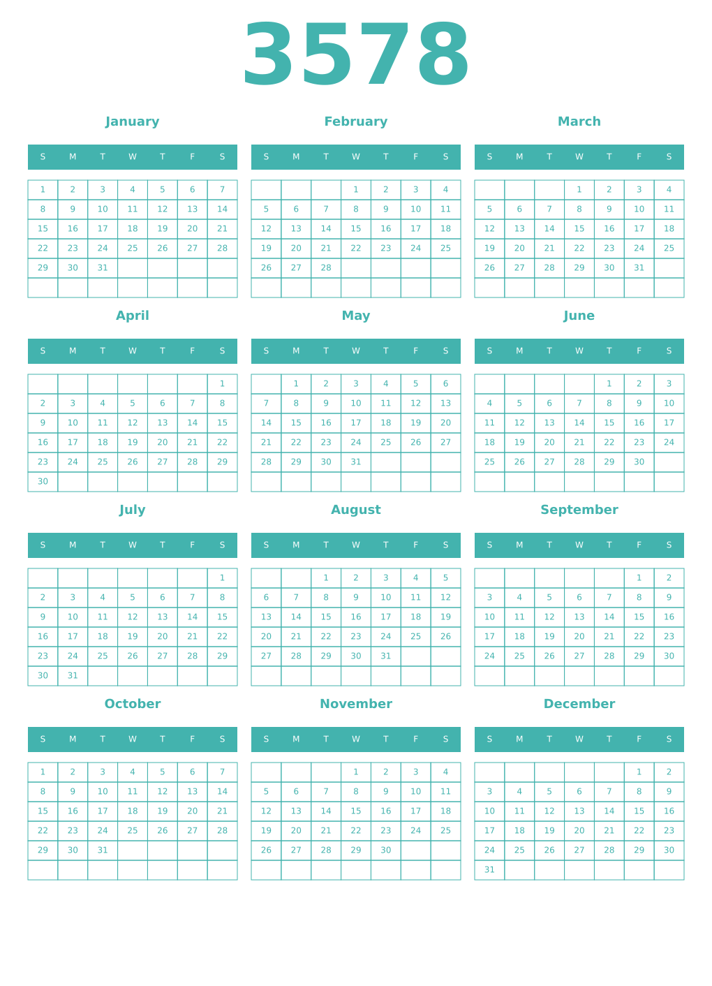 Printable 3578 Year Calendars verdigris