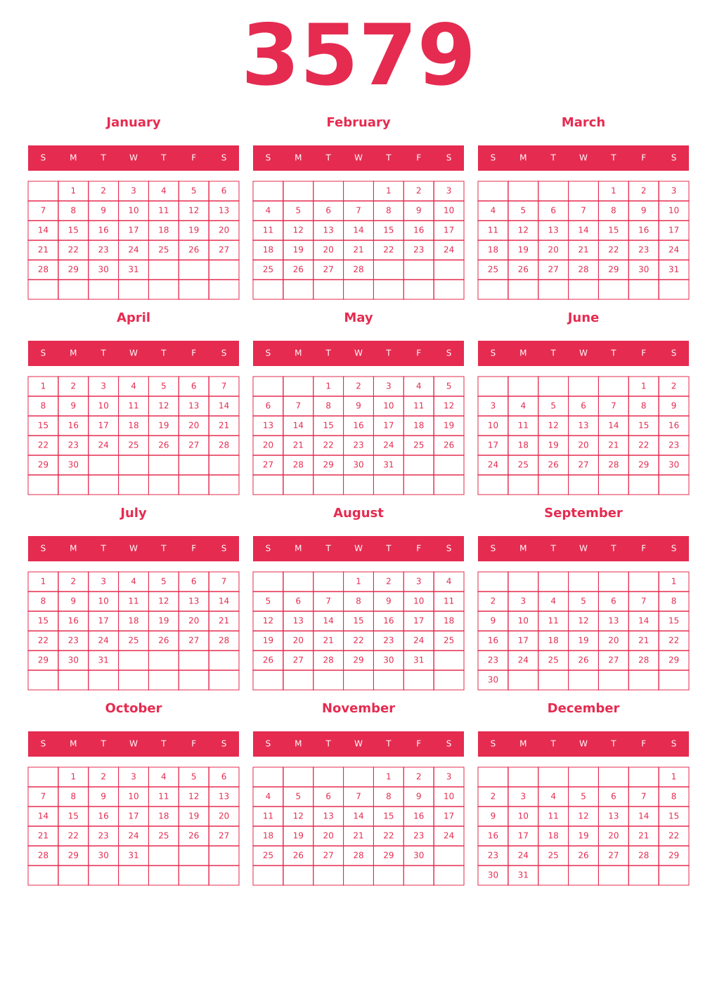 Printable 3579 Year Calendars amaranth