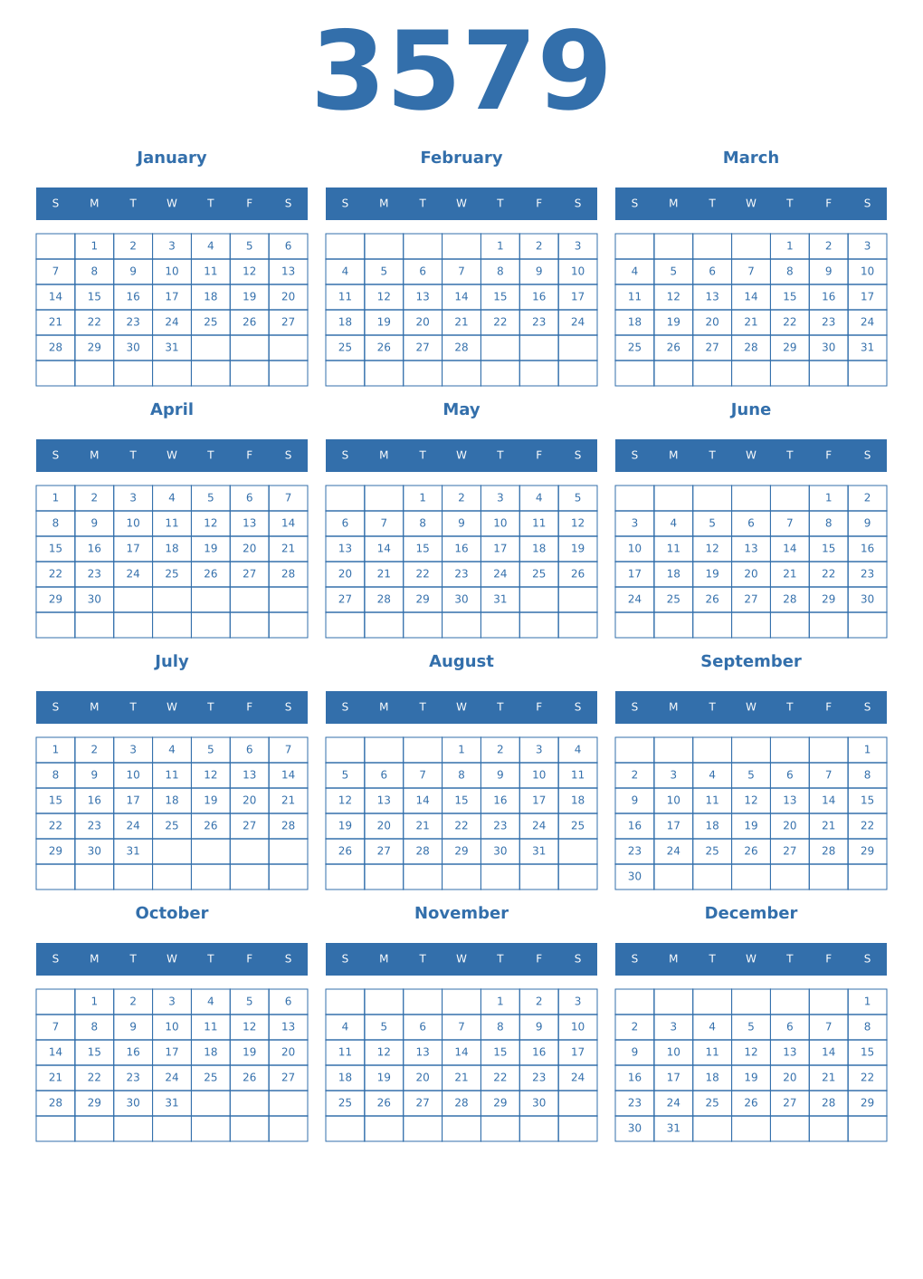 Printable 3579 Year Calendars blue