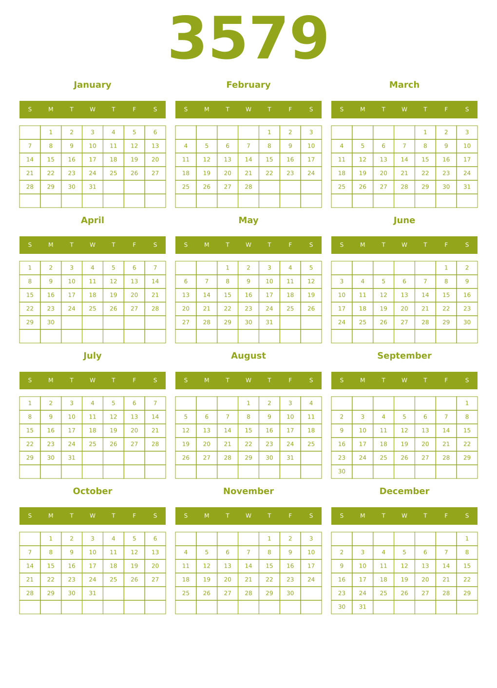 Printable 3579 Year Calendars chartreuse