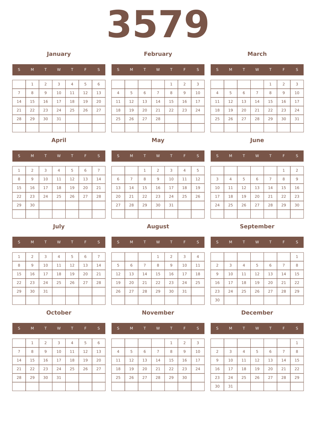 Printable 3579 Year Calendars coffe