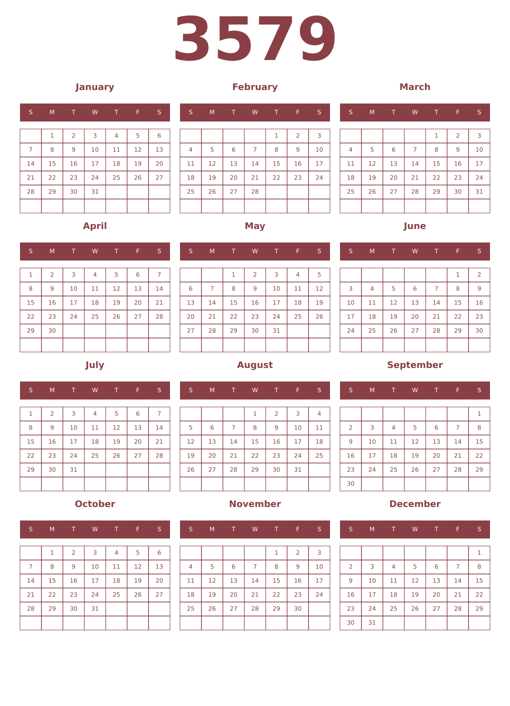 Printable 3579 Year Calendars cordovan