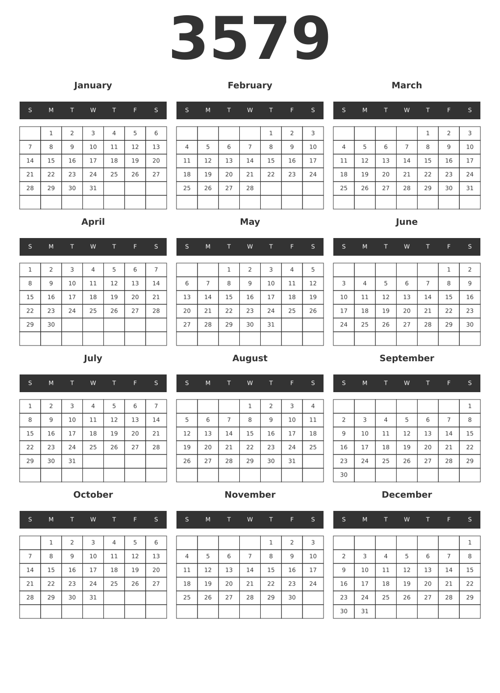 Printable 3579 Year Calendars dark