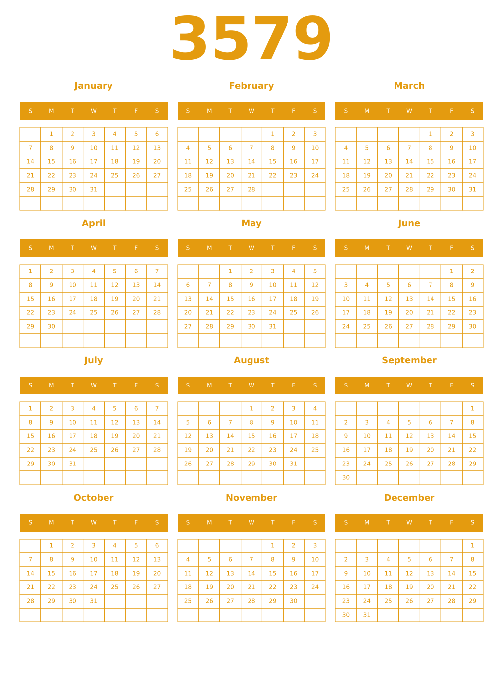 Printable 3579 Year Calendars gamboge