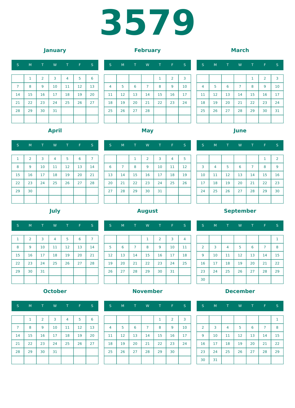 Printable 3579 Year Calendars pastel