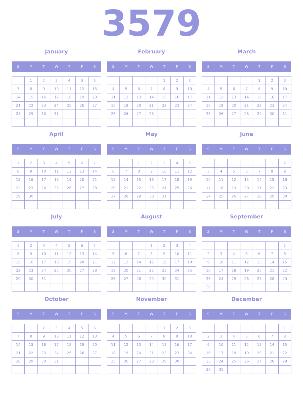 Printable 3579 Year Calendars periwinkle