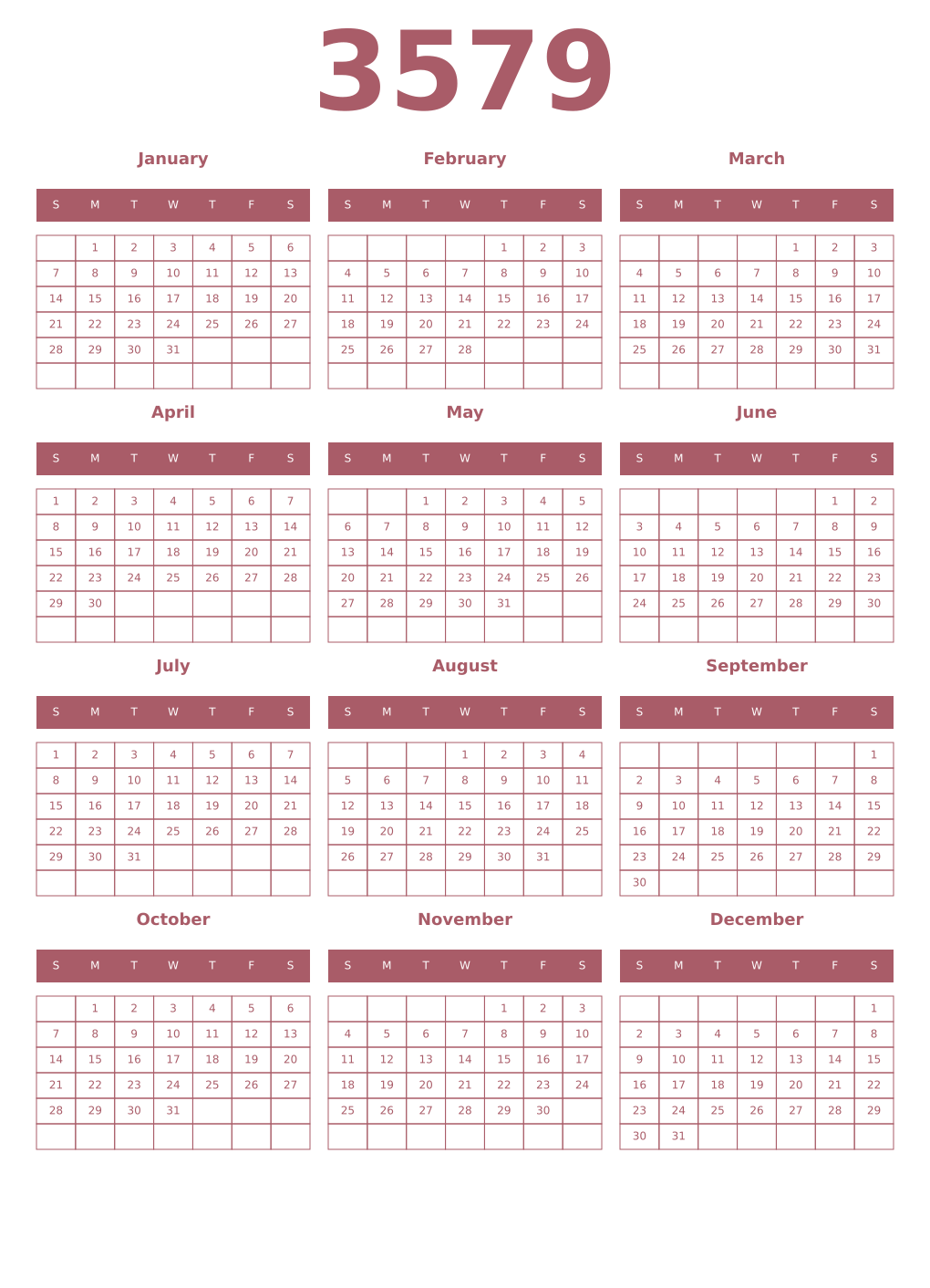 Printable 3579 Year Calendars puce