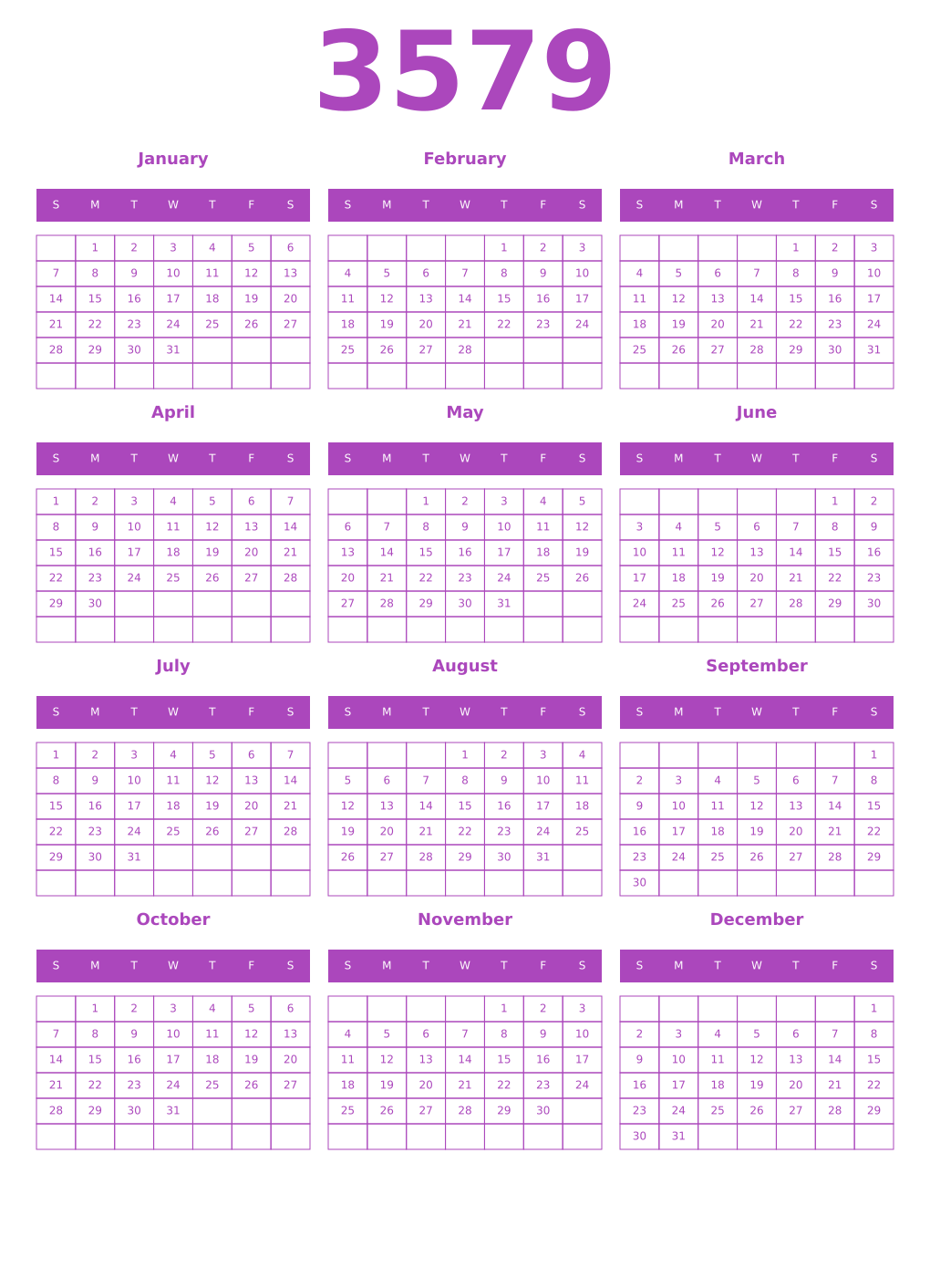 Printable 3579 Year Calendars purple