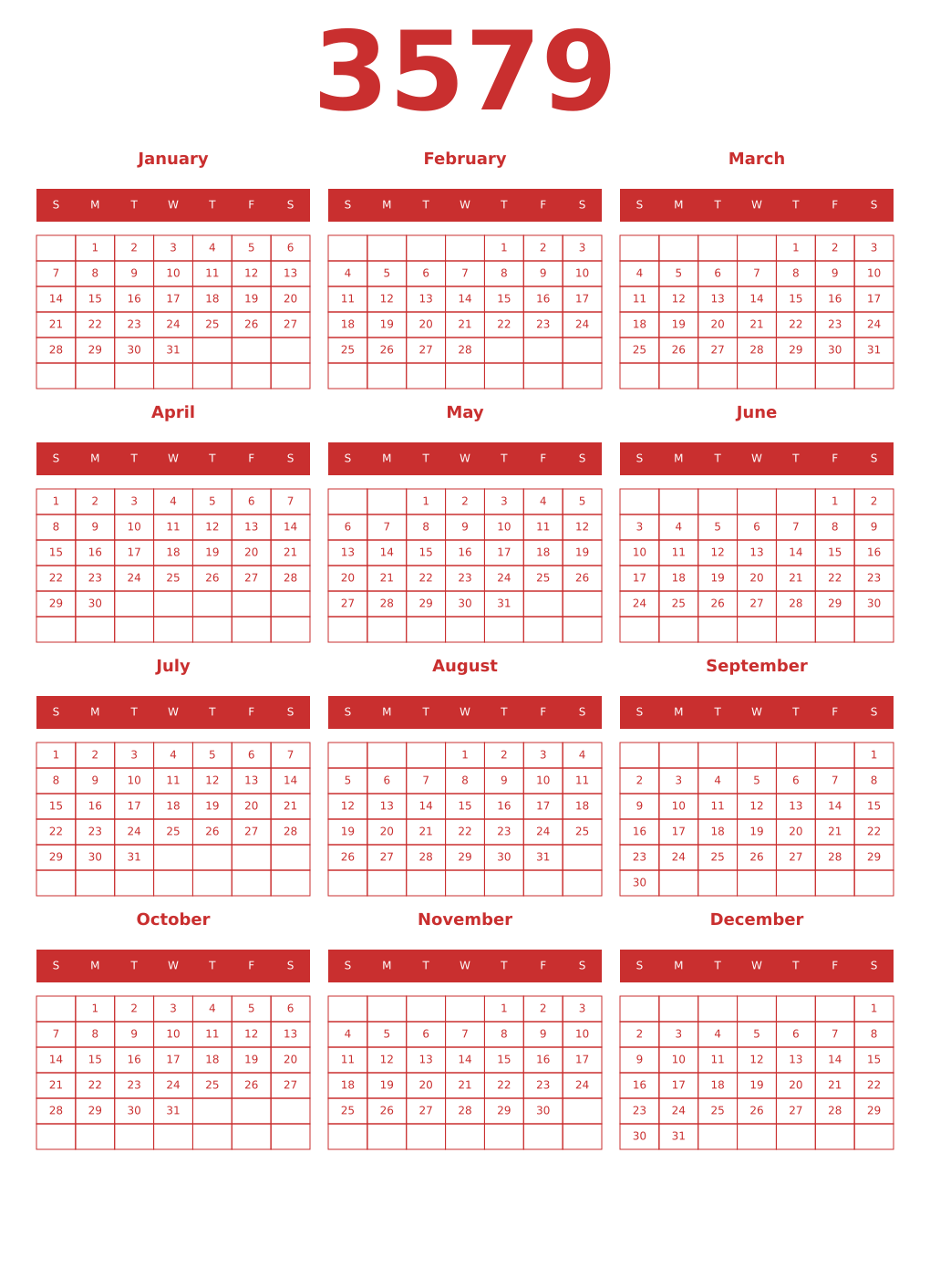 Printable 3579 Year Calendars red