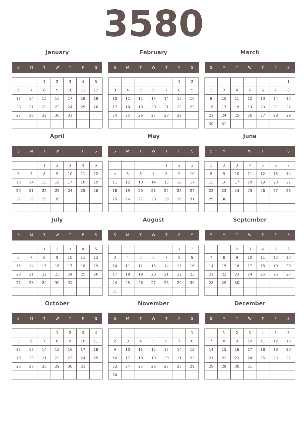 Printable 3580 Year Calendars wenge