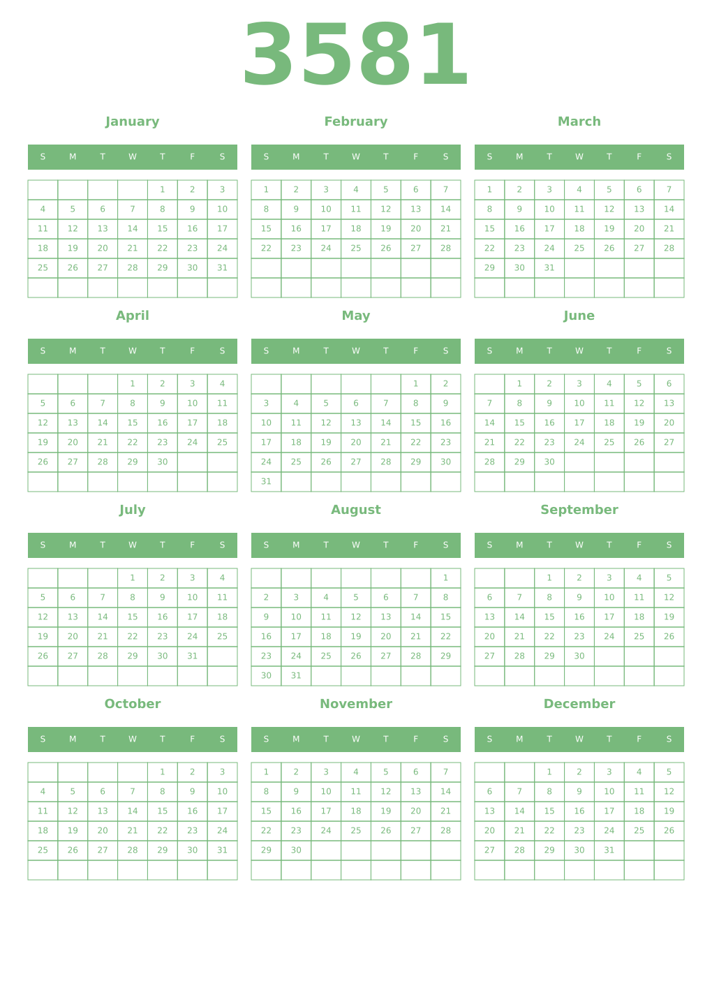 Printable 3581 Year Calendars celadon