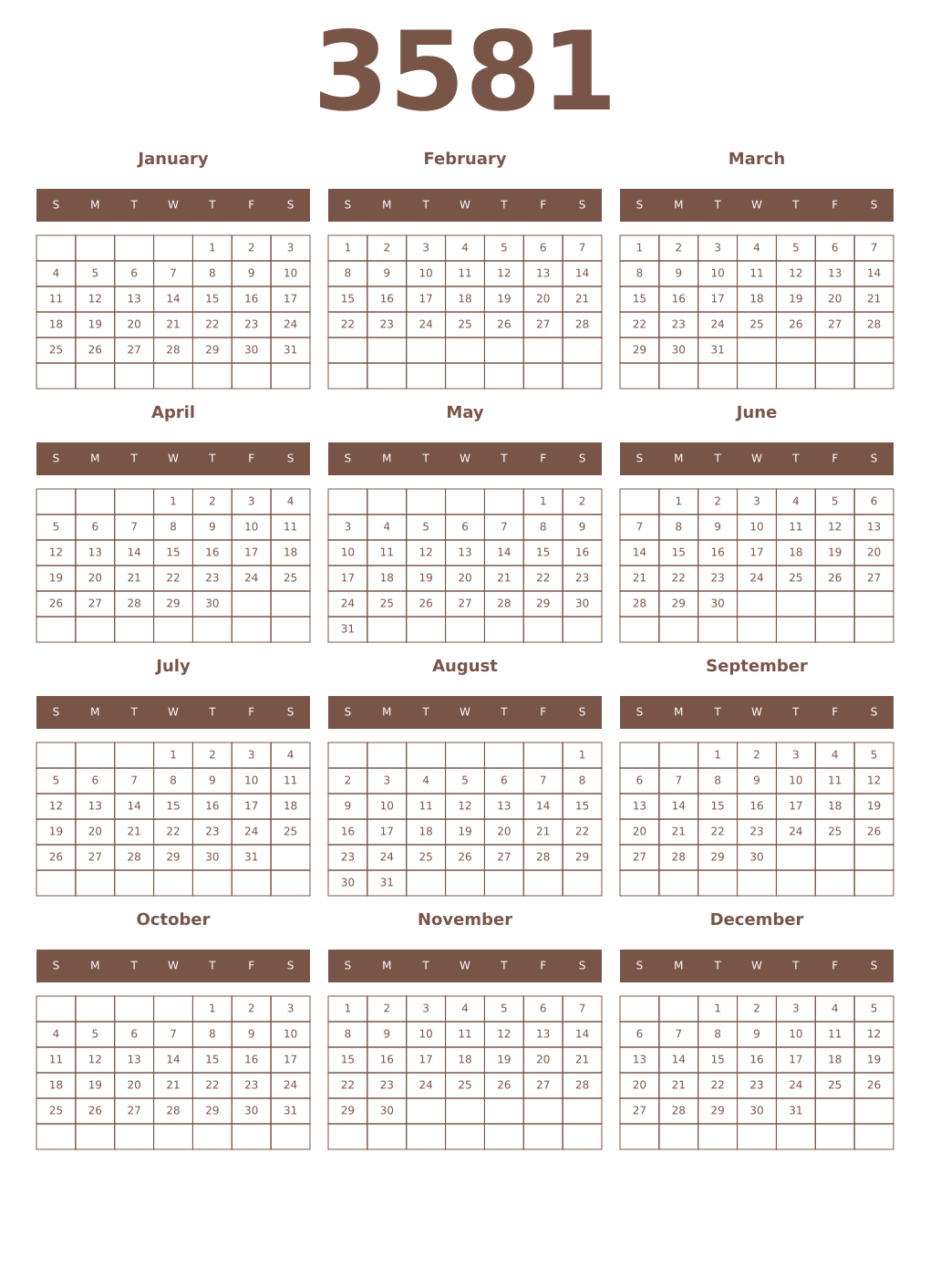 Printable 3581 Year Calendars coffe