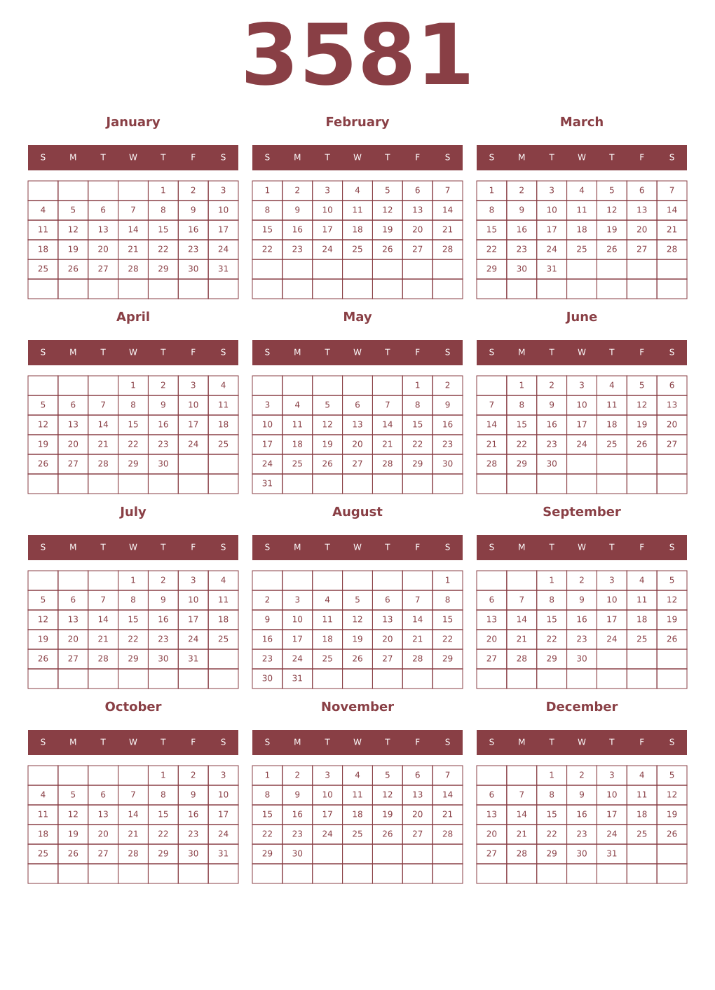 Printable 3581 Year Calendars cordovan