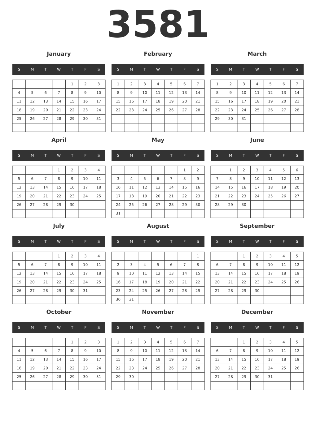 Printable 3581 Year Calendars dark
