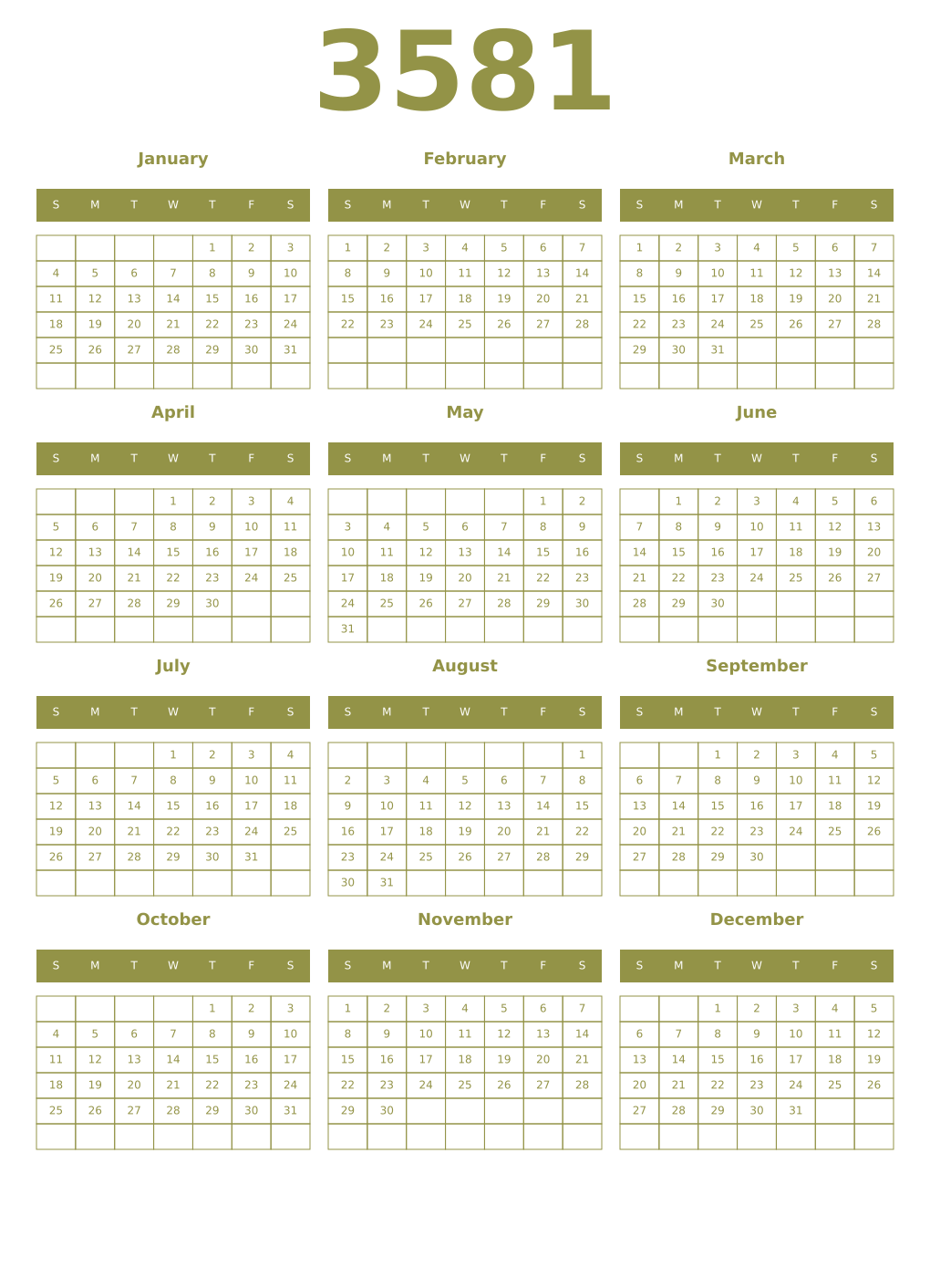 Printable 3581 Year Calendars eburnean