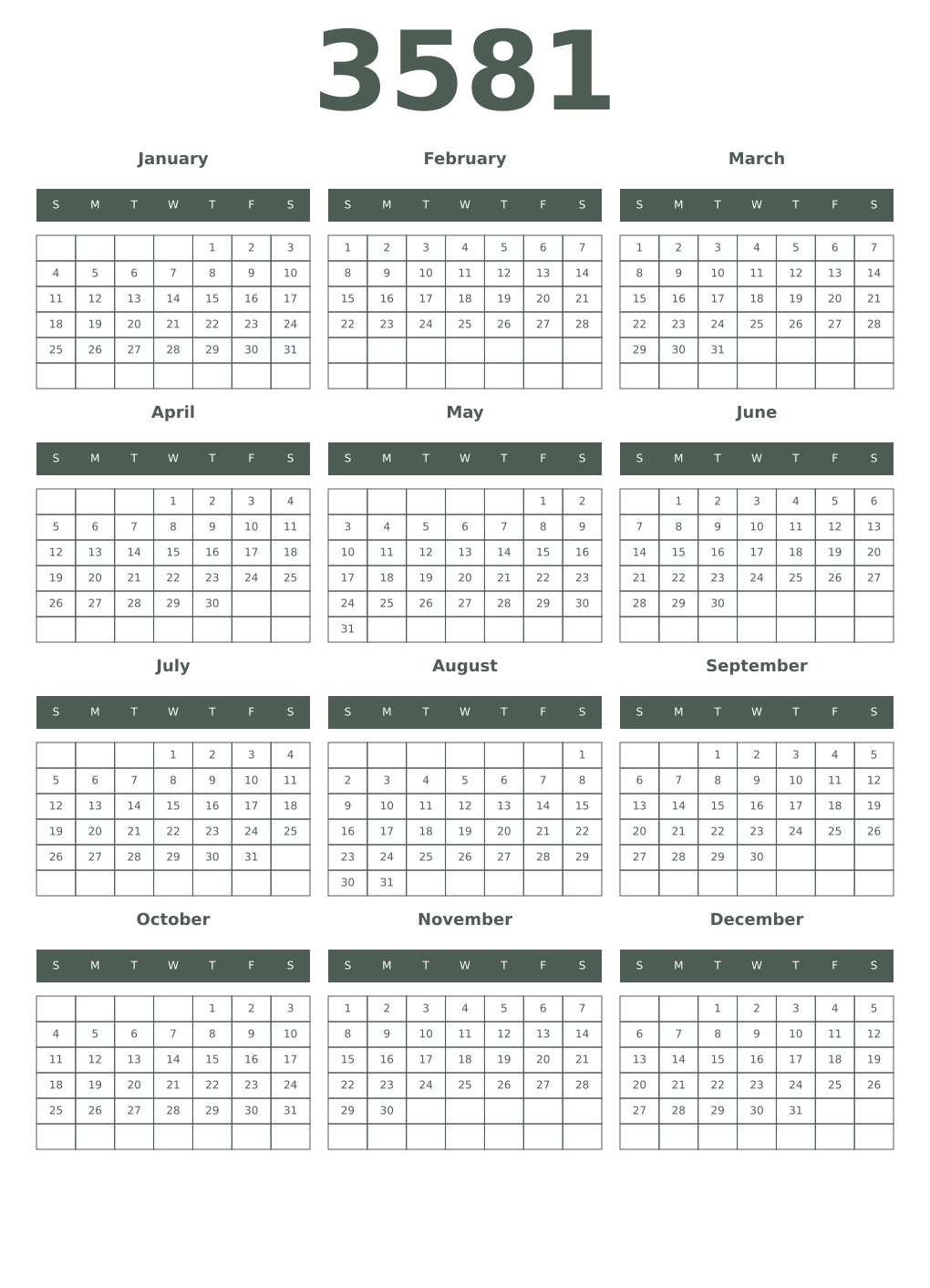 Printable 3581 Year Calendars feldgrau