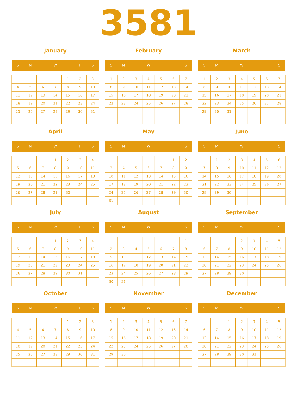 Printable 3581 Year Calendars gamboge