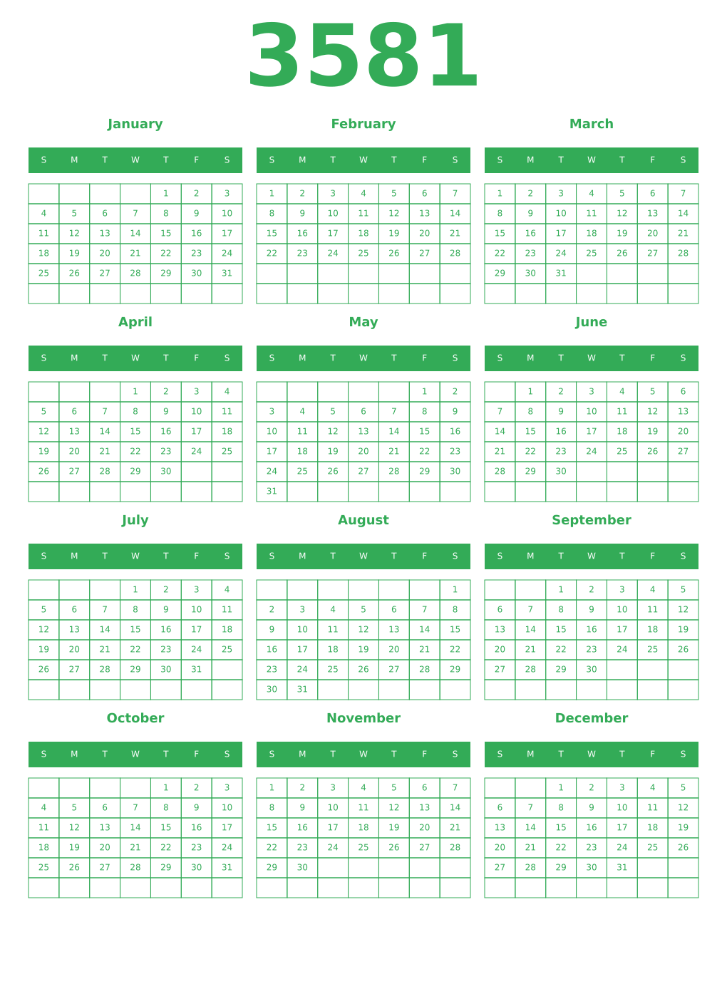 Printable 3581 Year Calendars green