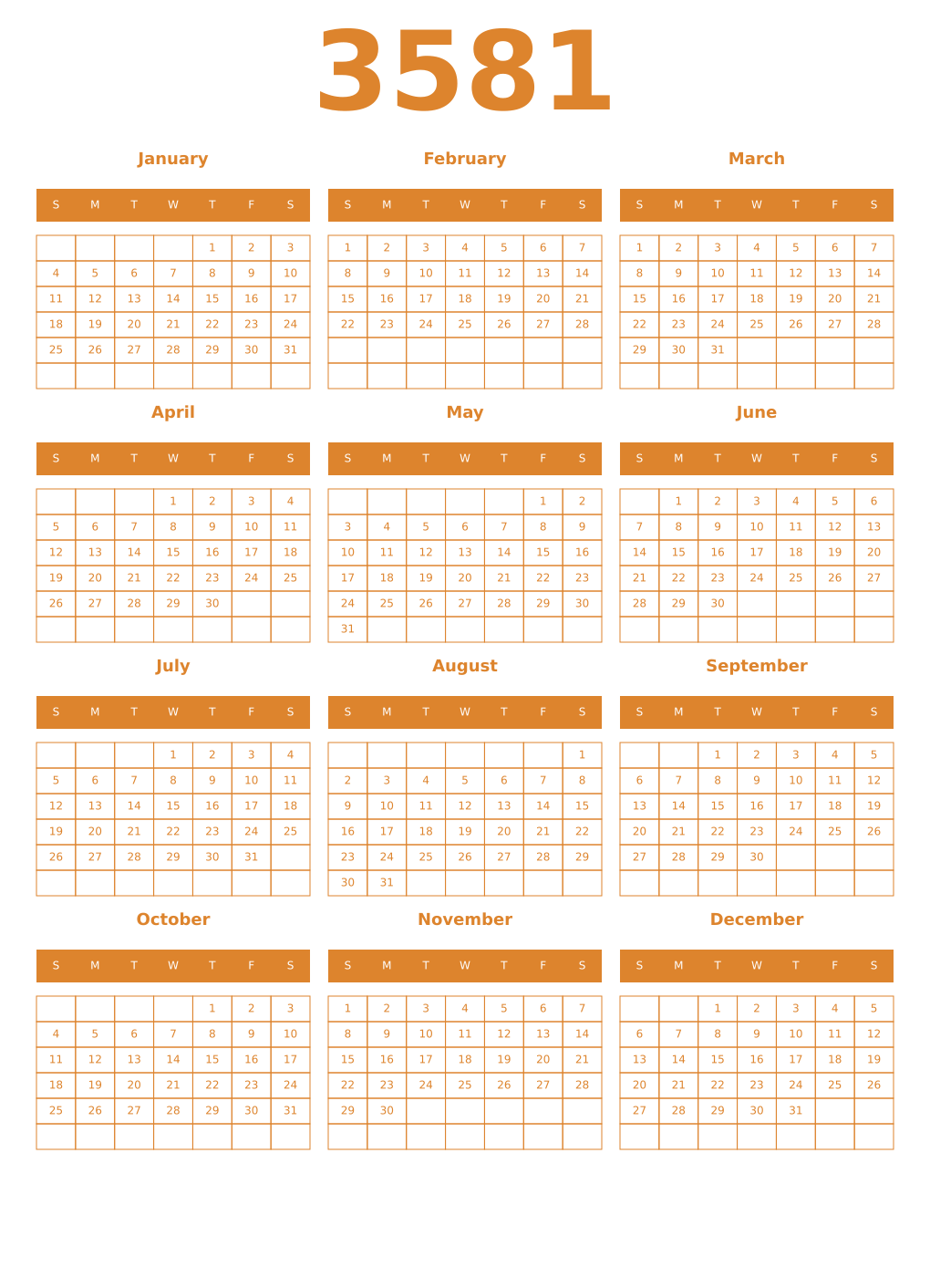 Printable 3581 Year Calendars orange