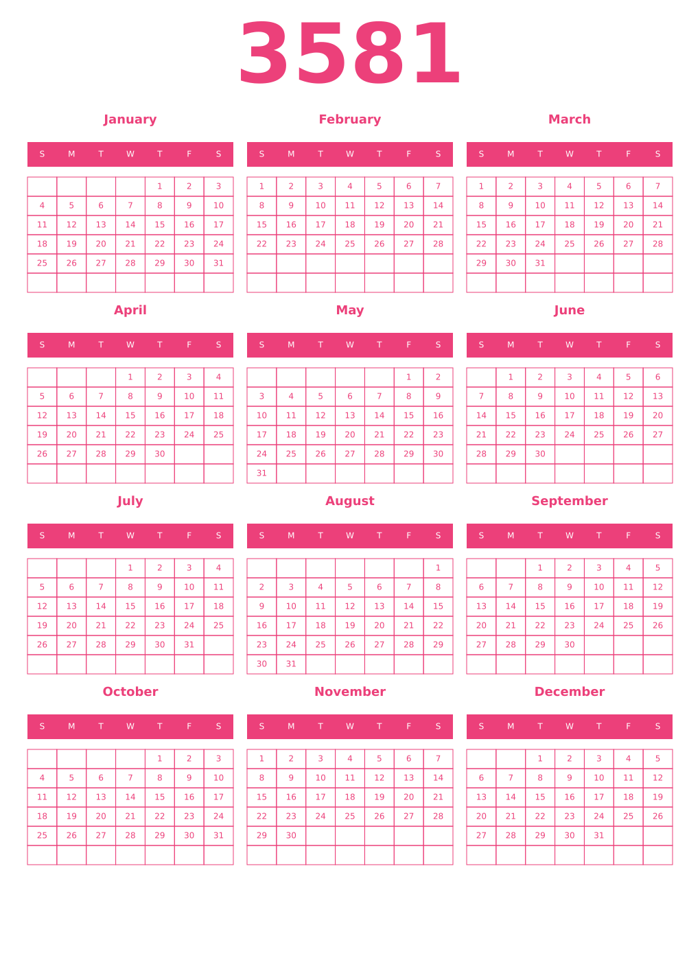 Printable 3581 Year Calendars pink