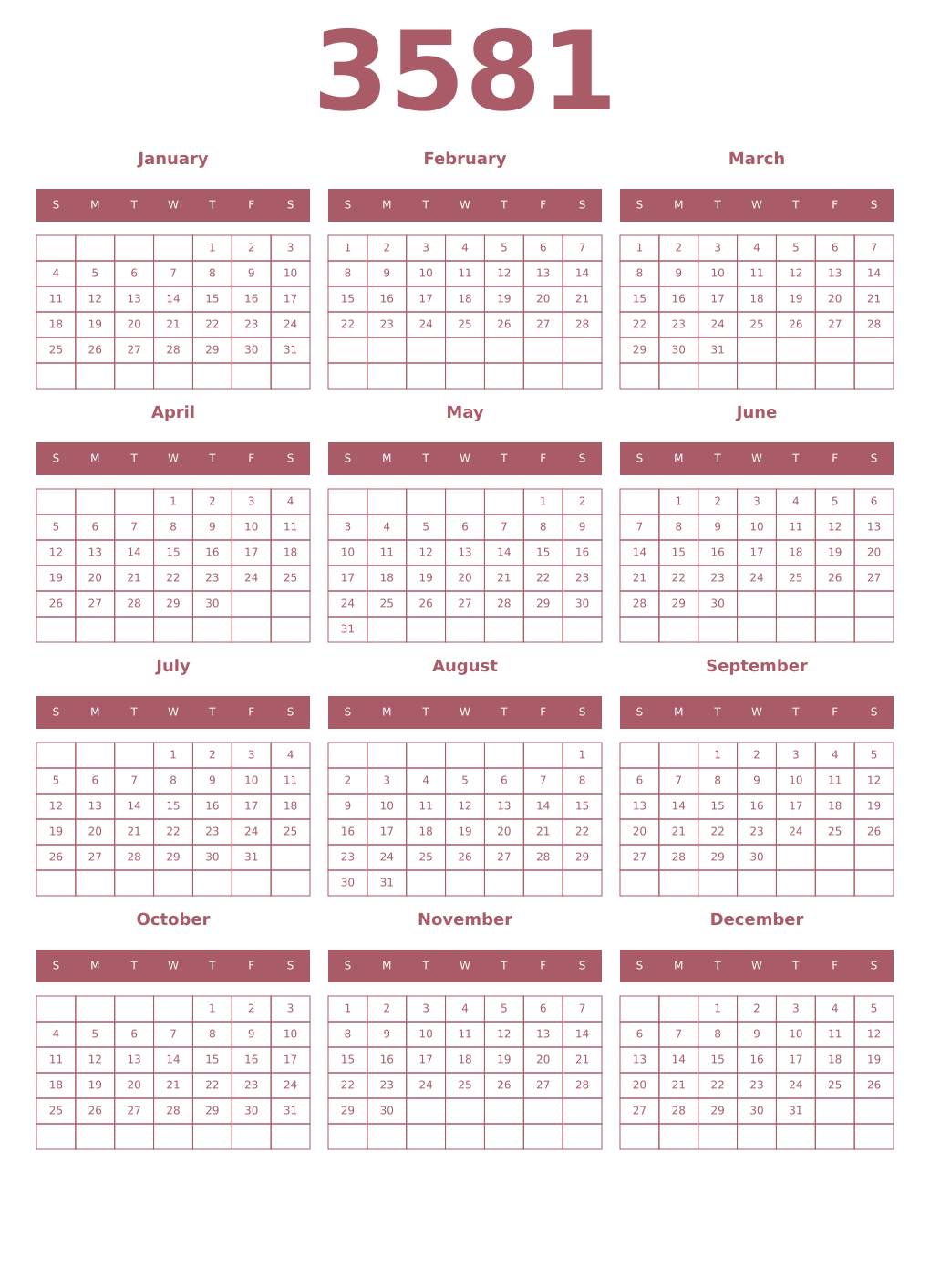 Printable 3581 Year Calendars puce
