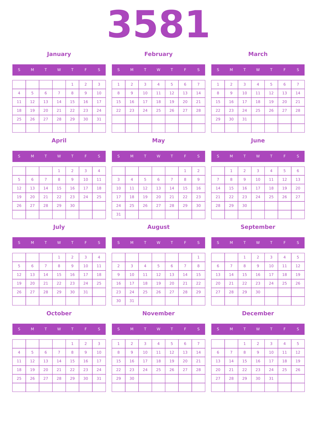 Printable 3581 Year Calendars purple