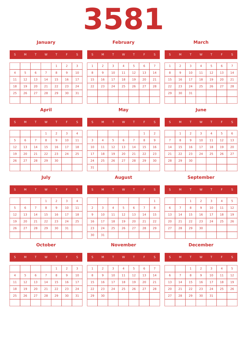 Printable 3581 Year Calendars red