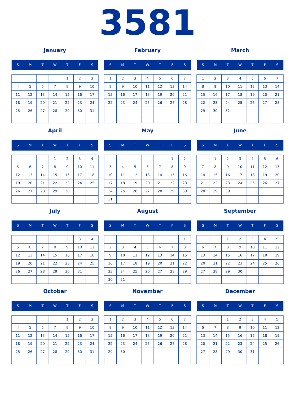 Printable 3581 Year Calendars smalt