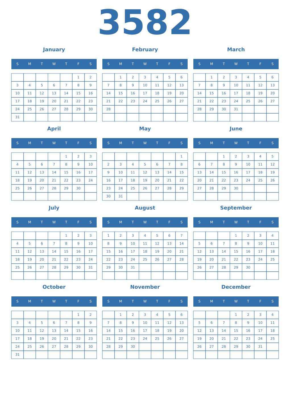 Printable 3582 Year Calendars blue