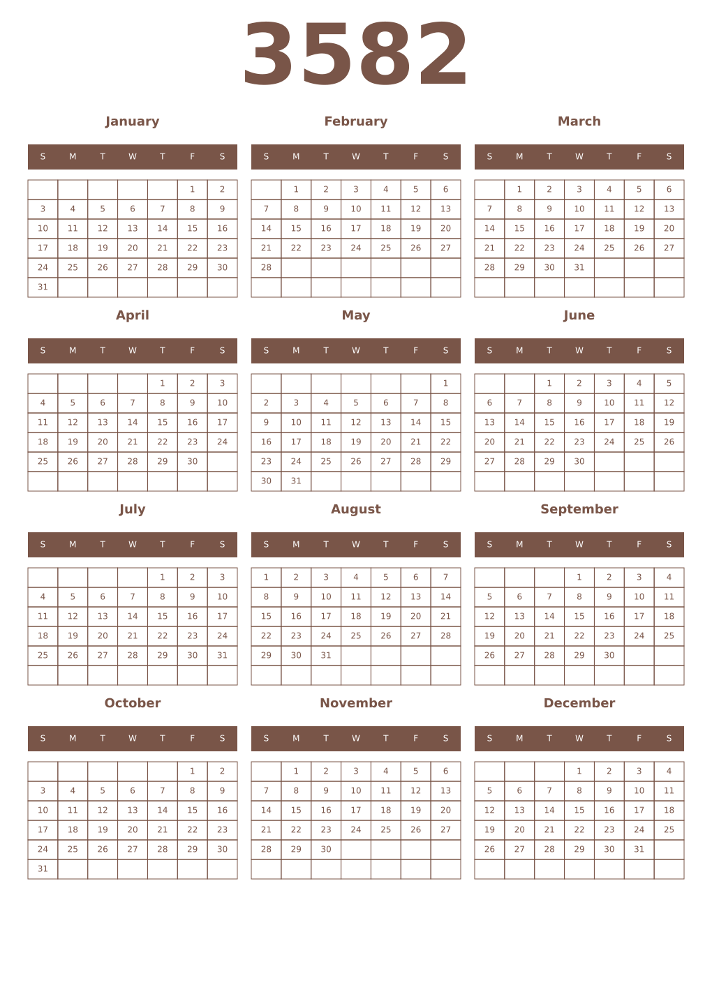 Printable 3582 Year Calendars coffe