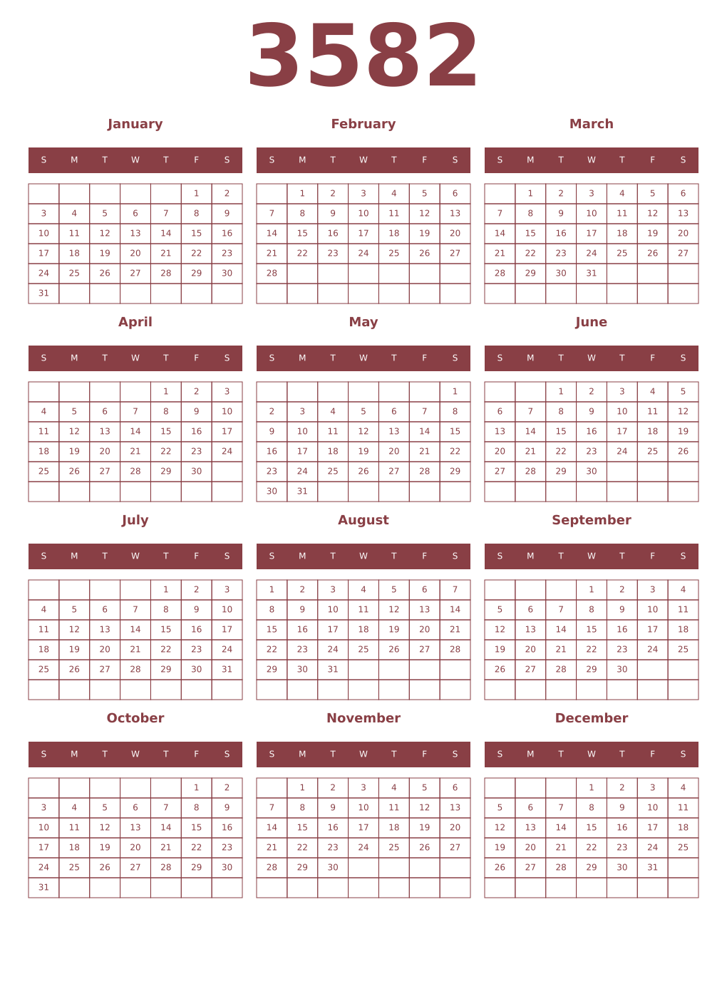 Printable 3582 Year Calendars cordovan