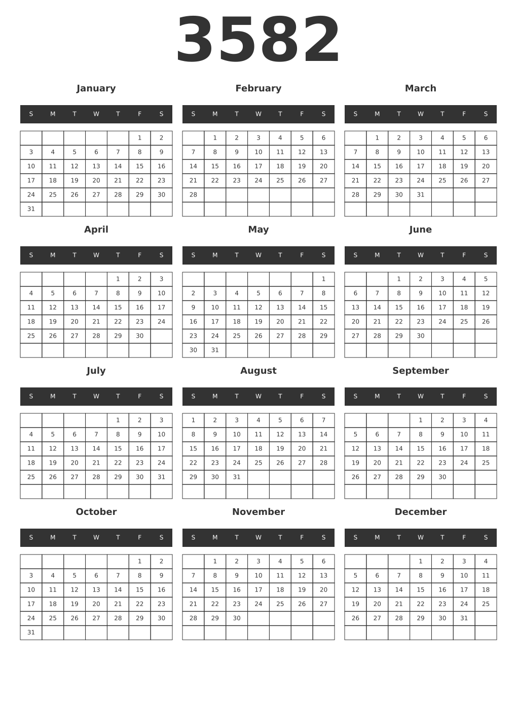 Printable 3582 Year Calendars dark