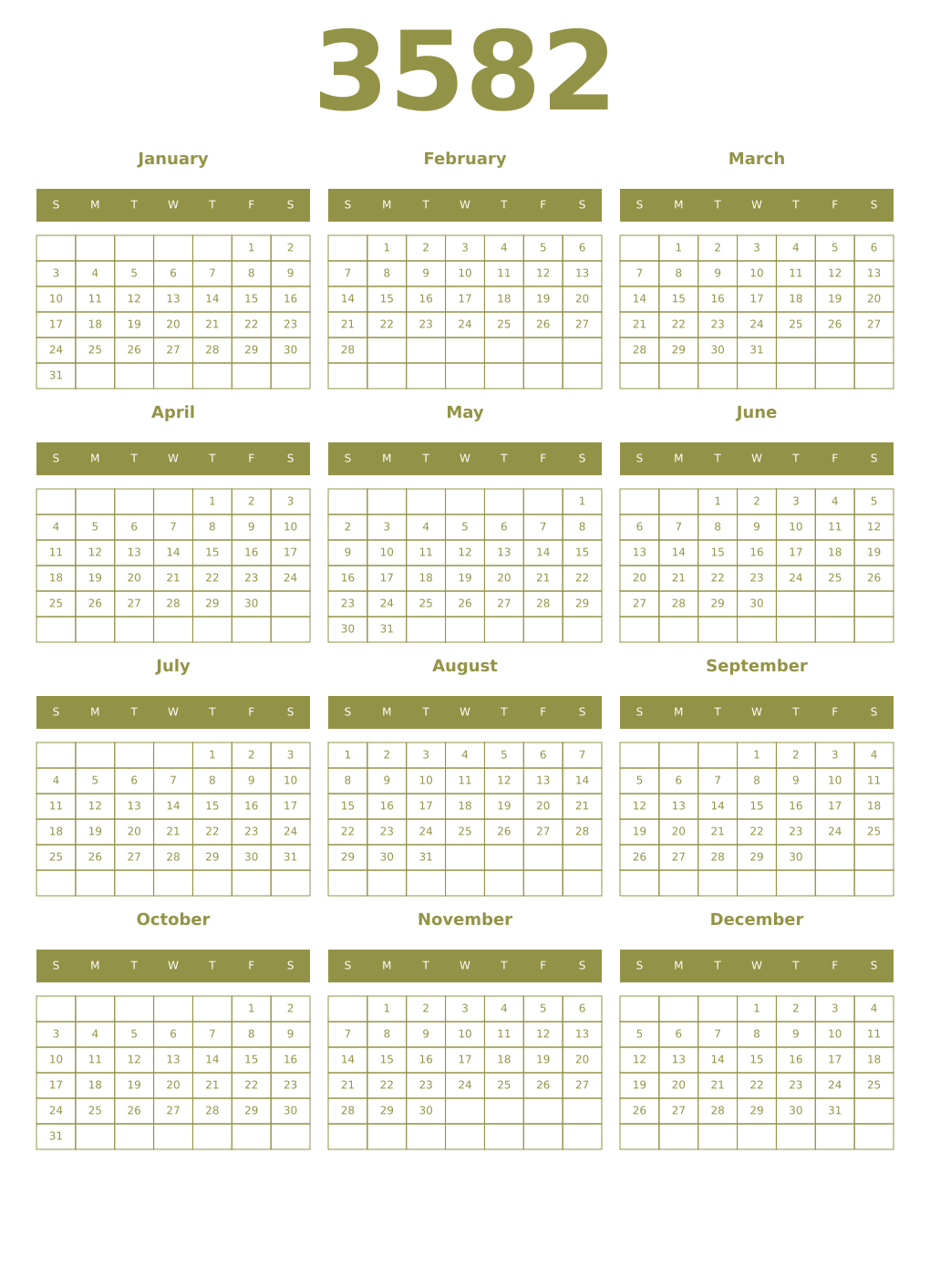 Printable 3582 Year Calendars eburnean