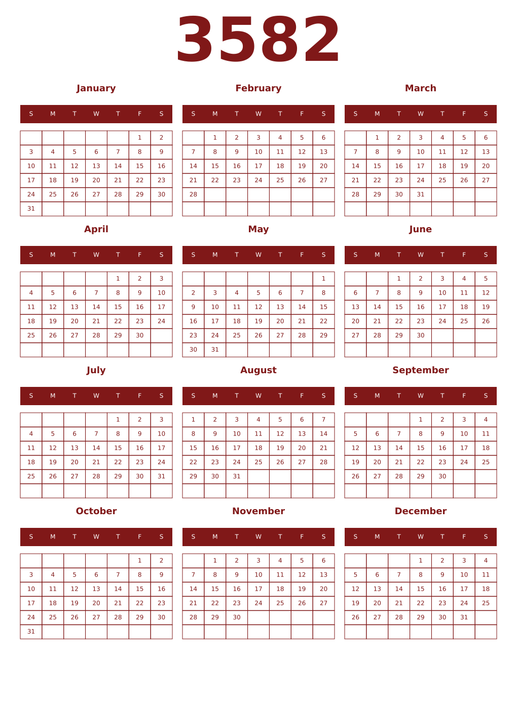 Printable 3582 Year Calendars falu