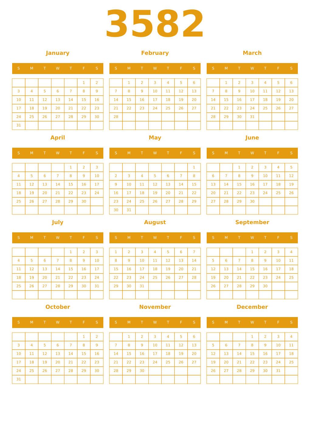 Printable 3582 Year Calendars gamboge