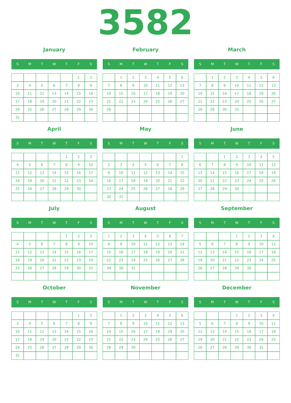 Printable 3582 Year Calendars green