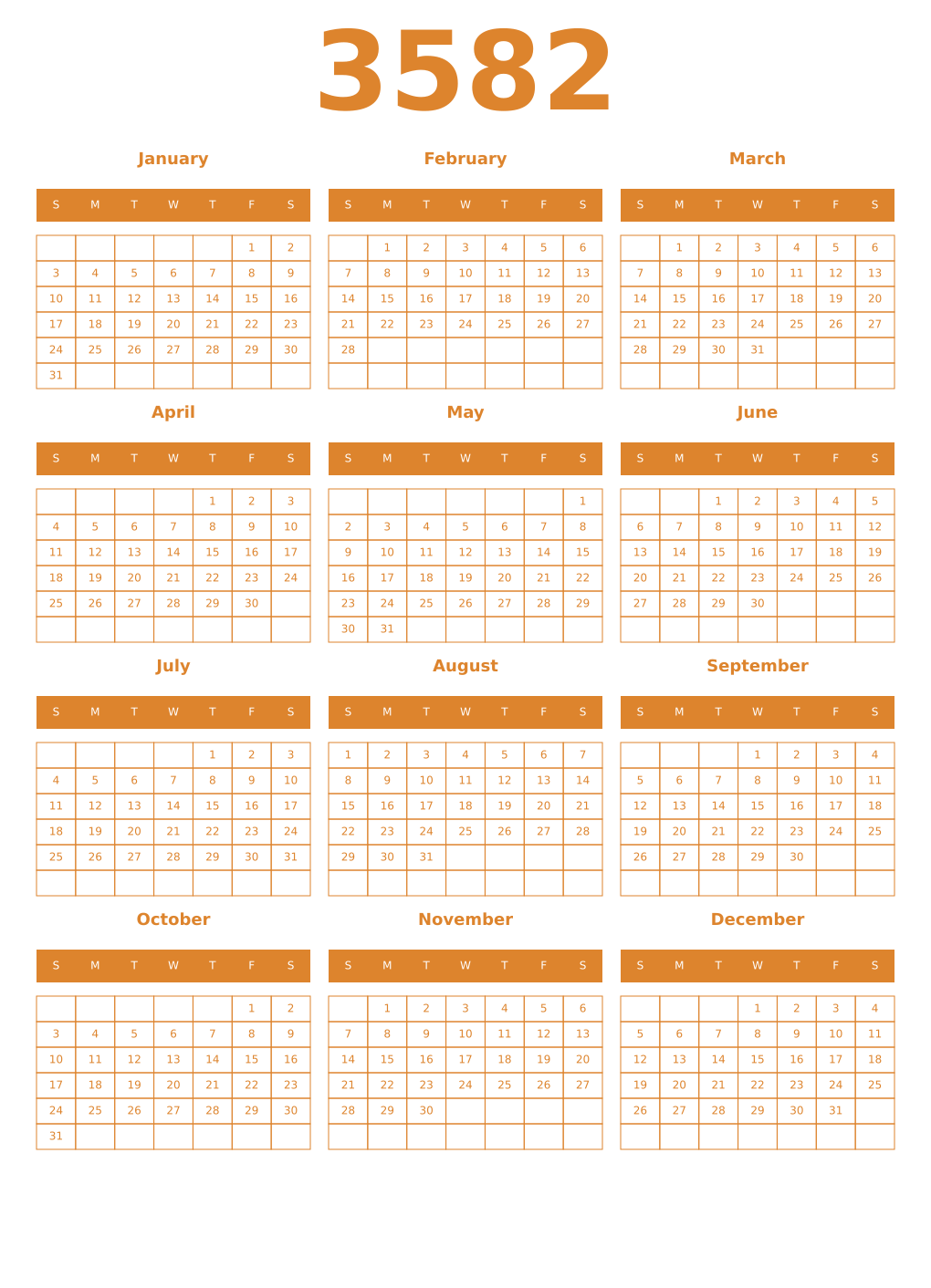 Printable 3582 Year Calendars orange