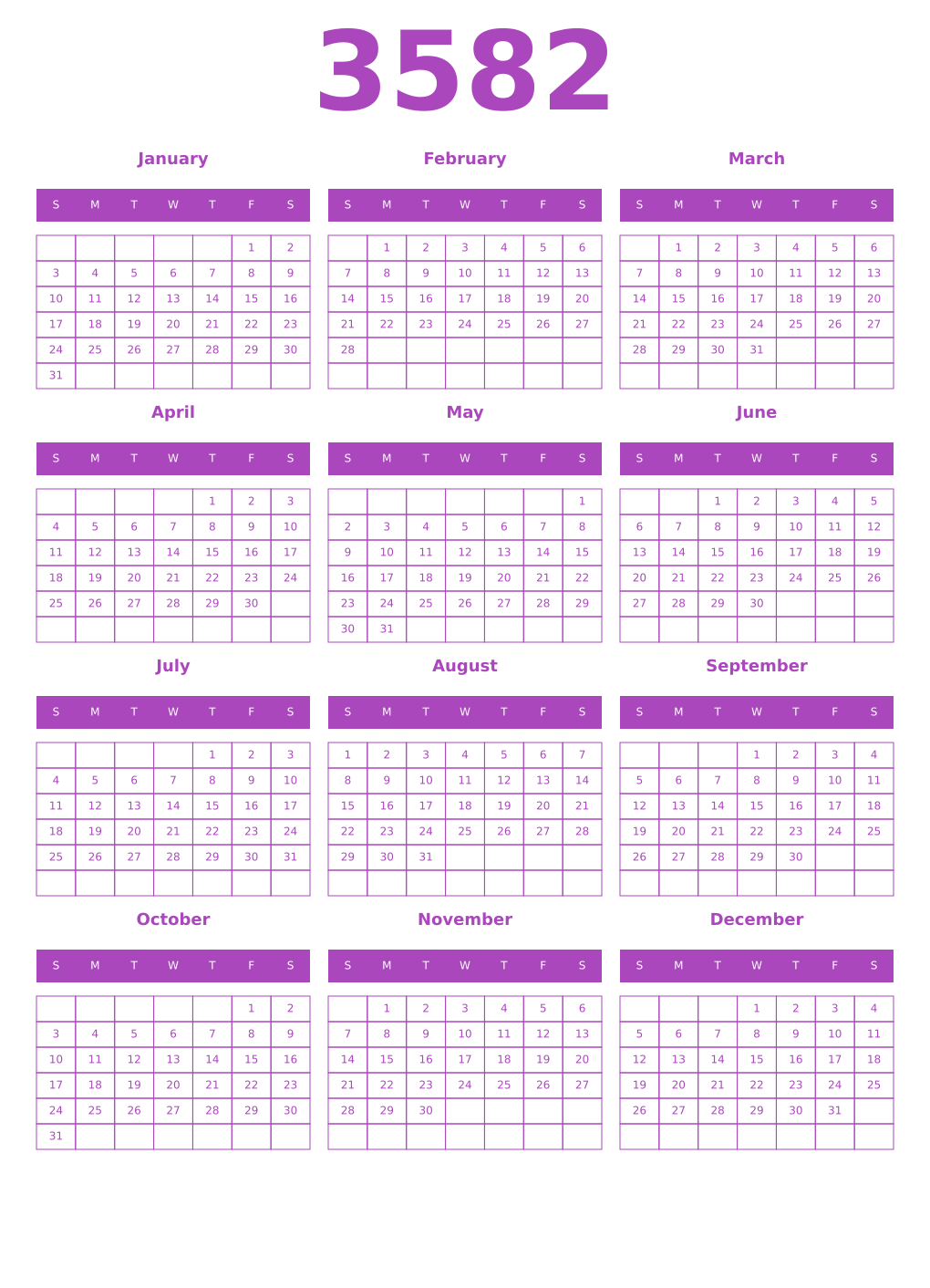 Printable 3582 Year Calendars purple