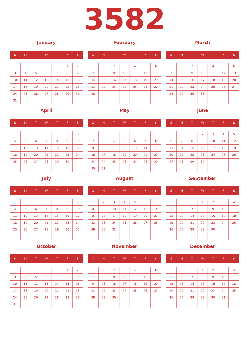 Printable 3582 Year Calendars red