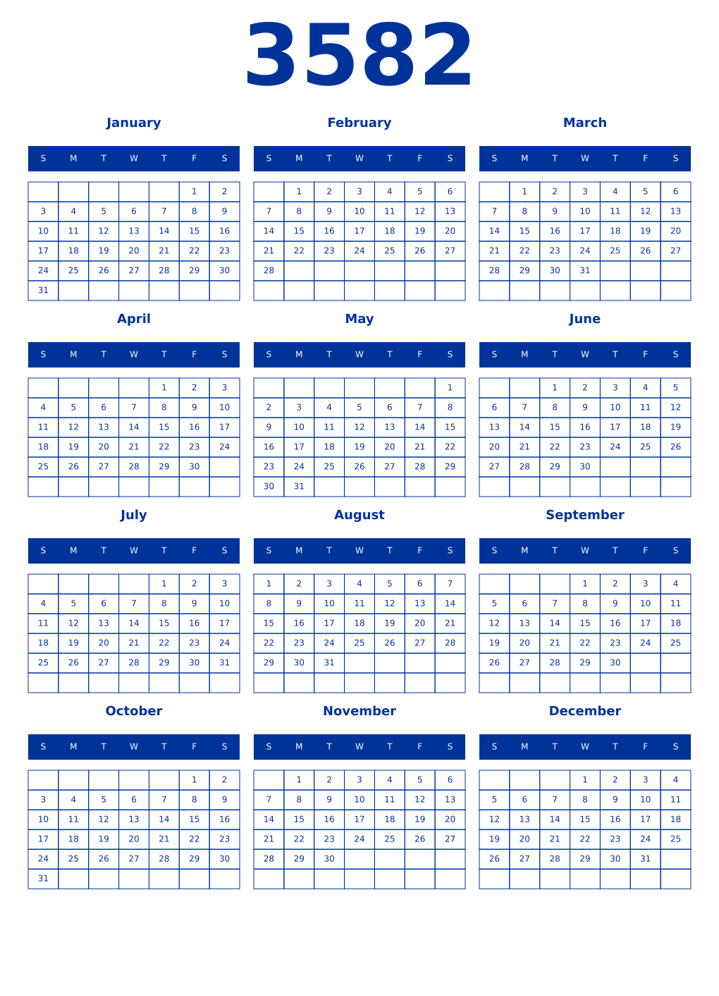 Printable 3582 Year Calendars smalt