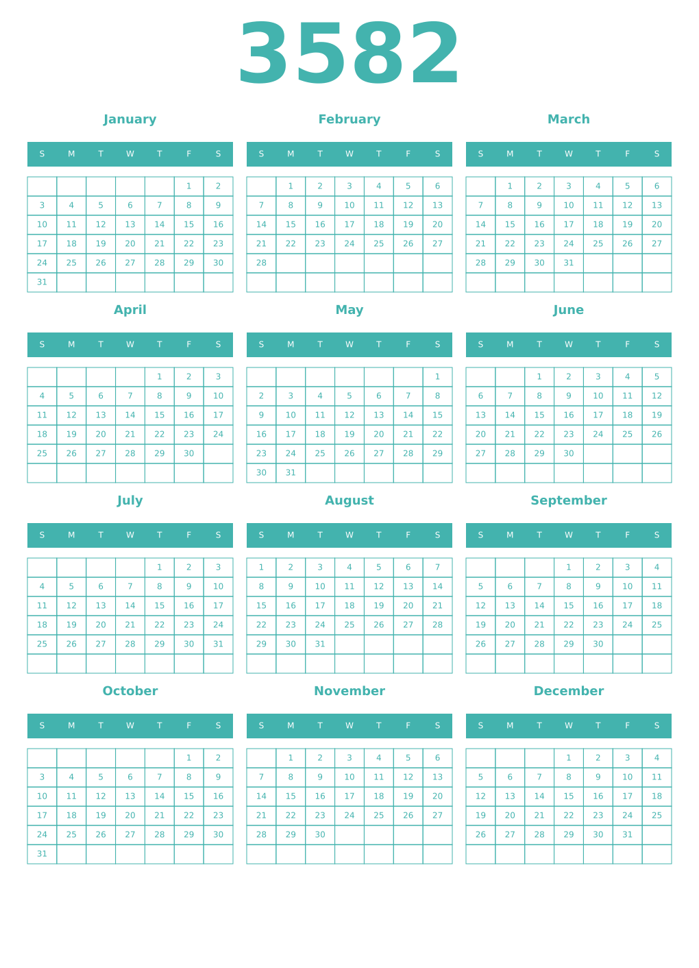 Printable 3582 Year Calendars verdigris