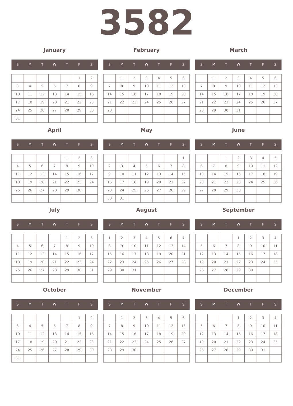 Printable 3582 Year Calendars wenge