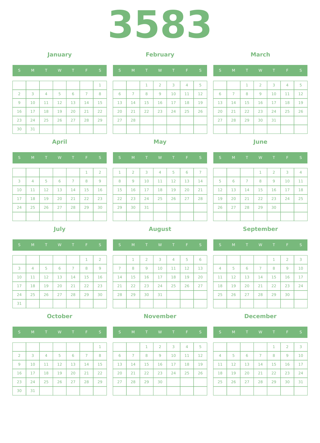 Printable 3583 Year Calendars celadon