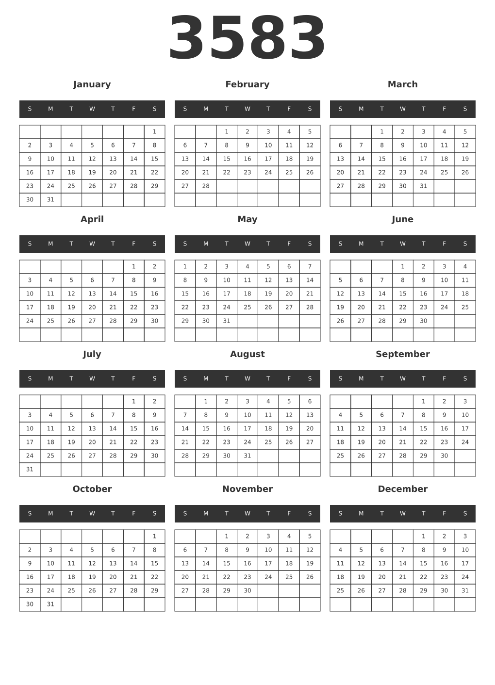 Printable 3583 Year Calendars dark