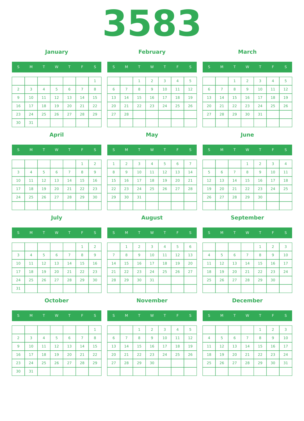 Printable 3583 Year Calendars green