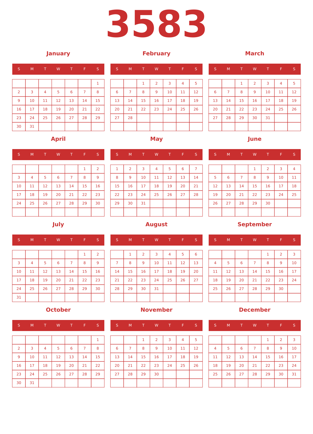 Printable 3583 Year Calendars red