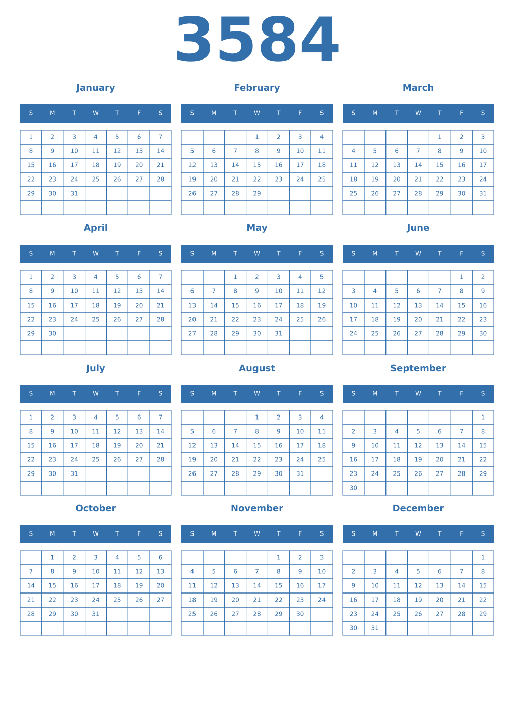 Printable 3584 Year Calendars blue