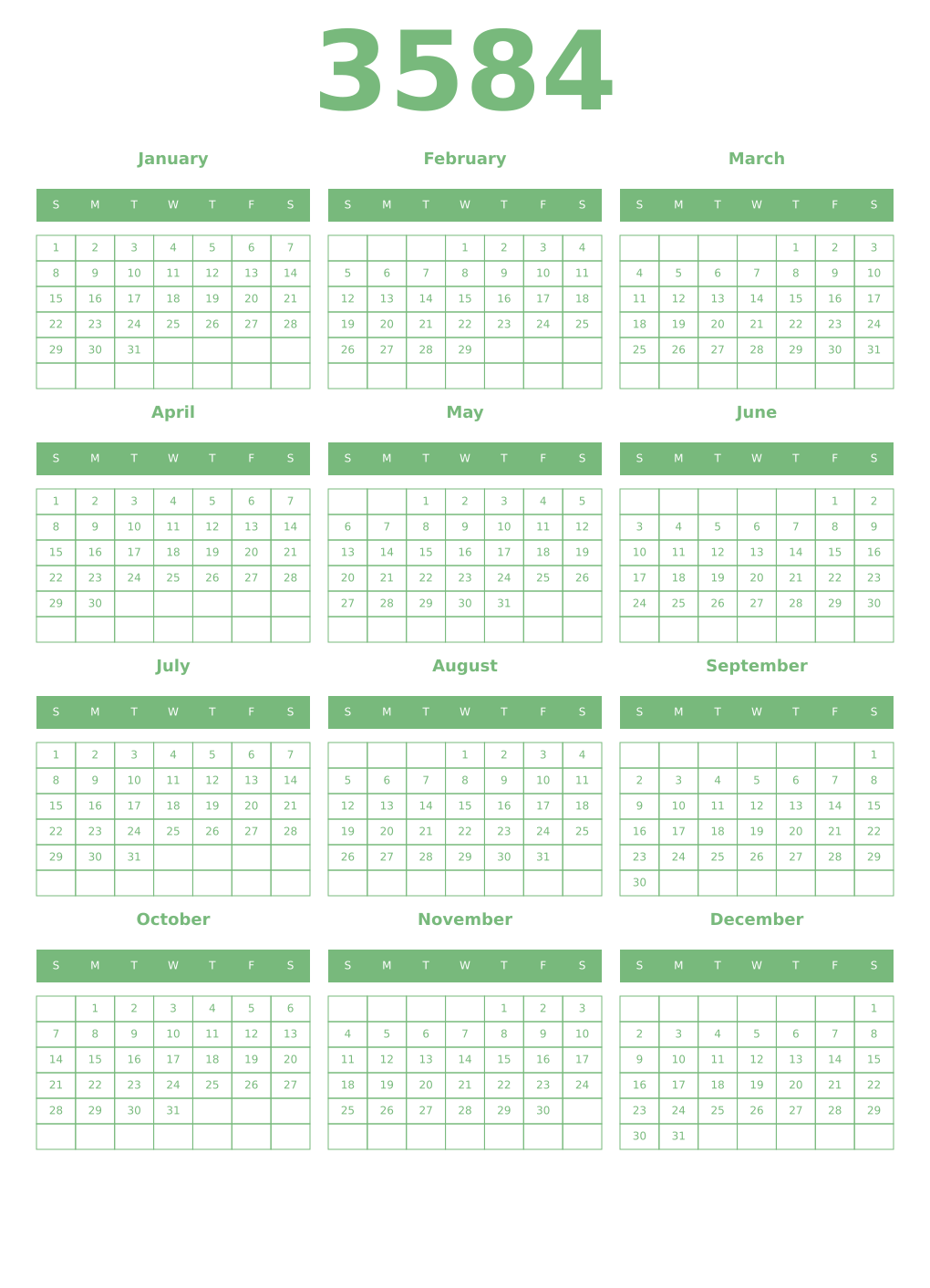 Printable 3584 Year Calendars celadon